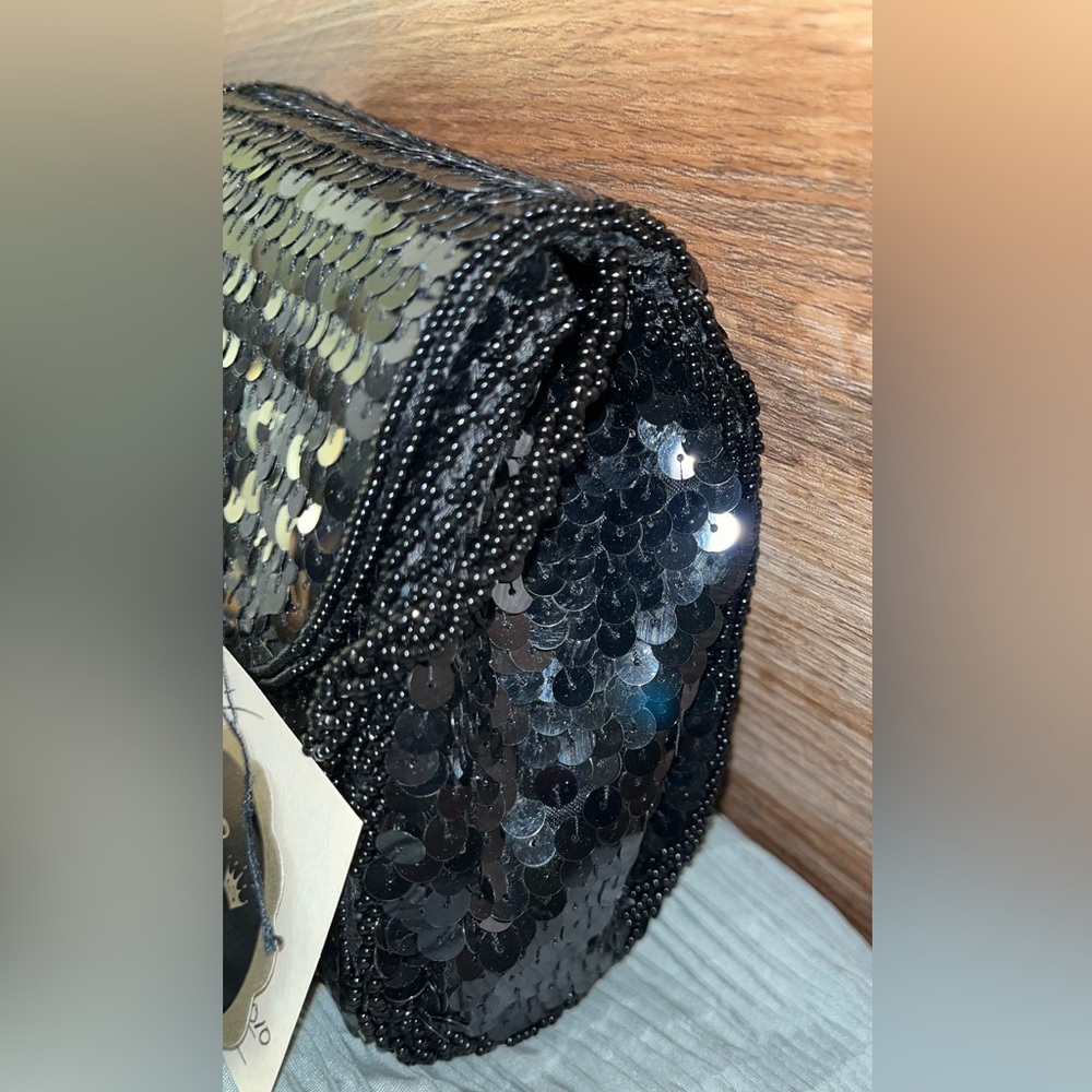 Vintage La Regale EC Black Sequin Beaded Strap Evening Bag authentic cards/box - Picture 6 of 10